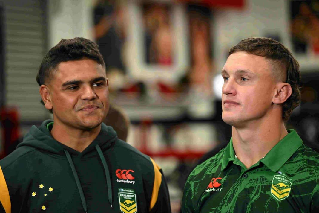 NRL players Latrell Mitchell and Jack Wighton speak to the media during a No Limit boxing promotional event for the Super Saturday Boxing Festival in Sydney, Wednesday, October 5, 2022