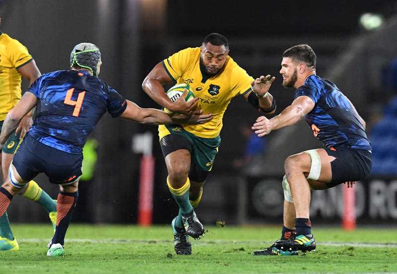 Sekope Kepu (centre) of the Wallabies in action during the Rugby Championship match between Australia and Argentina at Cbus Super Stadium on the Gold Coast, Saturday, September 15, 2018