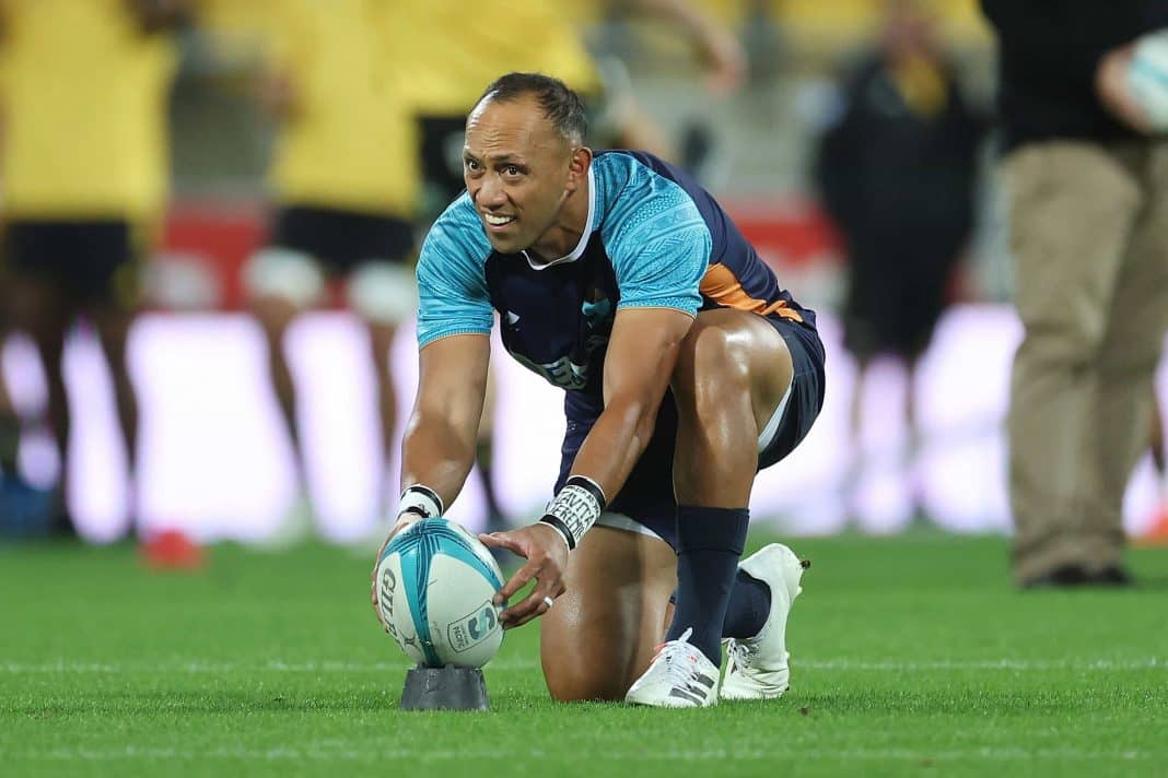 Moana Pasifika captain Christian Leali'ifano warms up ahead of the Super Rugby Round 9 match between the Wellington Hurricanes and Moana Pasifika at Sky Stadium in Wellington, New Zealand, Tuesday, April 12, 2022