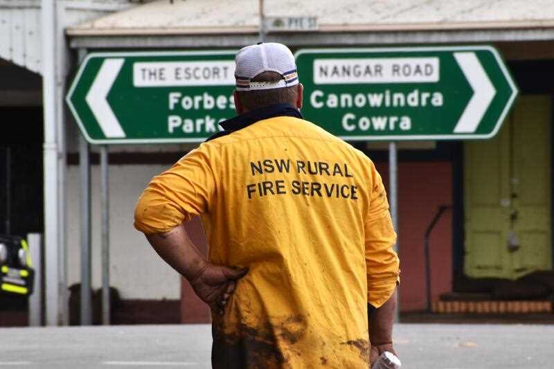 A weary Rural Fire Service volunteer in a town in Central West NSW