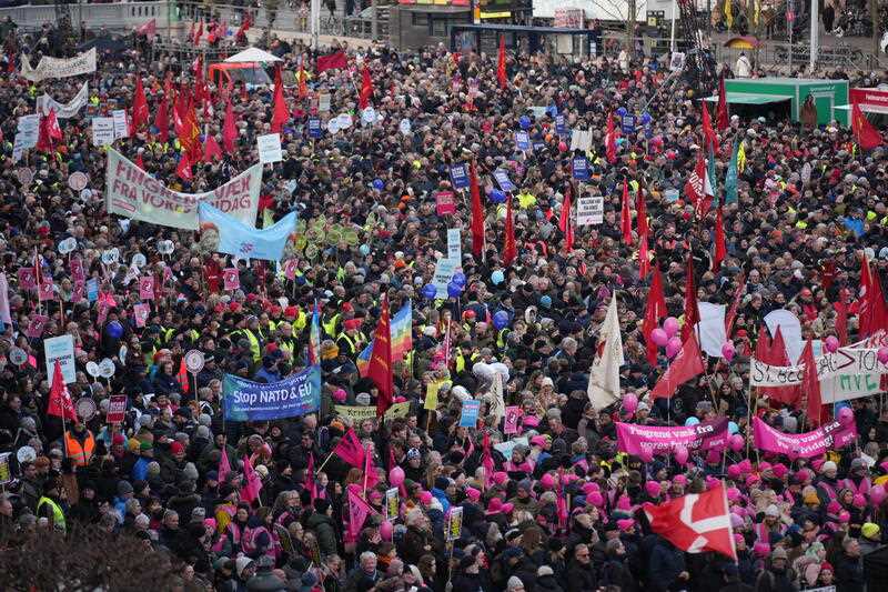 Demonstrators gather on Christiansborg Square in front of the Danish Parliament in Copenhagen, Denmark, 05 February 2023
