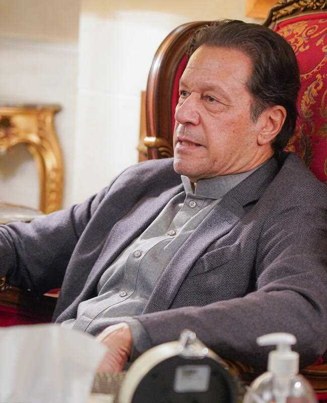 former Pakistan prime minister Imran Khan talking with foreign media at his residence in Lahore, Pakistan, 07 February 2023