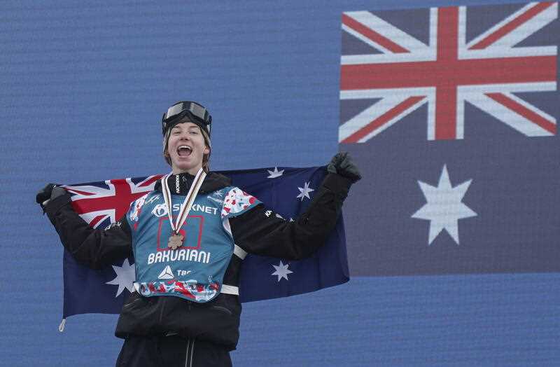 Bronze medal winner Tess Coady of Australia celebrates during the award ceremony of the Women's Snowboard Big Air competition at the FIS Snowboard, Freestyle and Freeski World Championships in Bakuriani, Georgia, 04 March 2023
