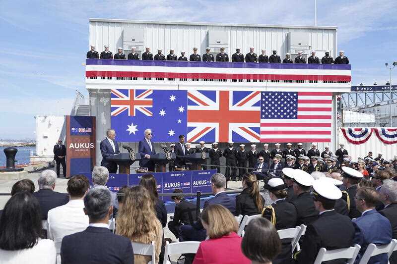 Britain's Prime Minister Rishi Sunak, right, meets with US President Joe Biden and Prime Minister of Australia Anthony Albanese, left, at Point Loma naval base in San Diego, US, Monday March 13, 2023, as part of Aukus