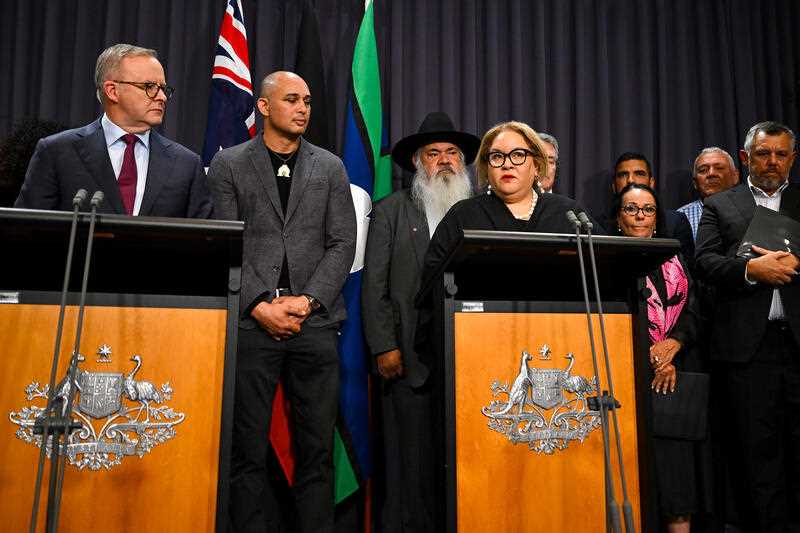 Member of the First Nations Referendum Working Group Professor Megan Davis speaks to the media during a press conference at Parliament House in Canberra, Thursday, March 23, 2023