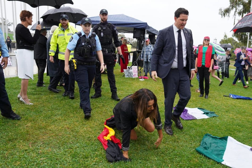 Thorpe crawls from cops after crashing anti-trans rally