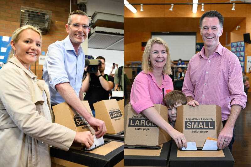 A combination diptych of NSW Premier Dominic Perrottet and his wife Helen Perrottet placing their votes in the ballot box in the seat of Epping (Left) and Labor leader Chris Minns, wife Anna and youngest son George placing their votes in the ballot box at Carlton South Public School during the NSW state election in Sydney, in Sydney, Saturday, March 25, 2023