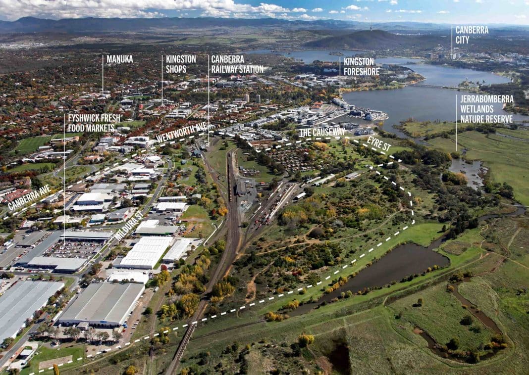 aerial view of East Lake precinct near Kingston Railway Station in Canberra