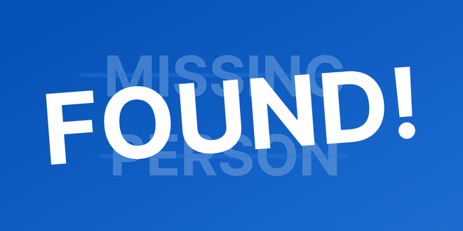 blue and white graphic displaying the words 'missing person found'