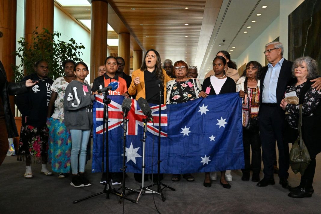 NT Country Liberal Party senator Jacinta Nampijinpa Price and 22 Indigenous community leaders at a press conference at Parliament House in Canberra, Wednesday, March 22, 2023