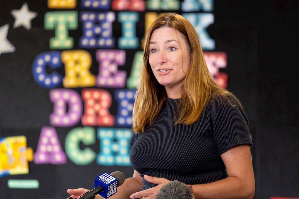 ACT education minister Yvette Berry speaking at a media event at a school