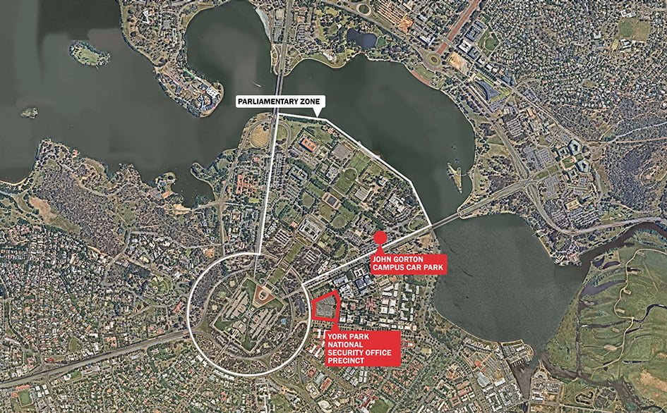 aerial view of Parliamentary Triangle in Canberra pinpointing location of York Park National Security Office precinct