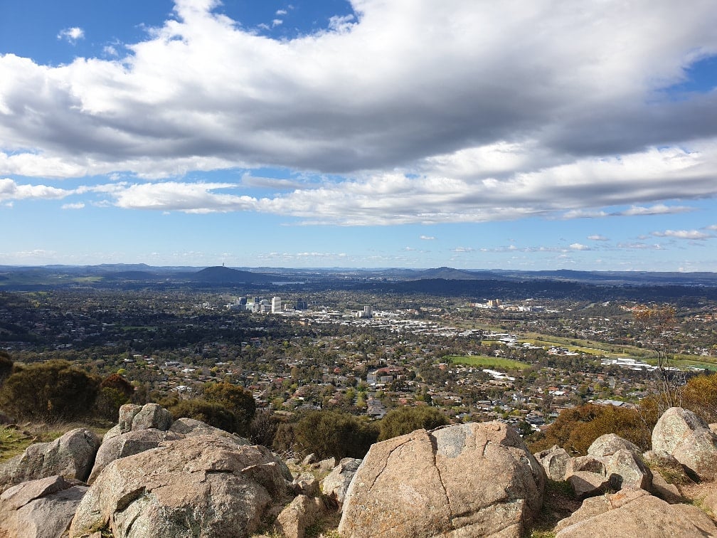 Panoramic view of the suburbs of Woden Valley in Canberra from the top of Mt Taylor