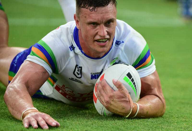 Jack Wighton of the Raiders scores a try during the NRL Round 1 match between the North Queensland Cowboys and the Canberra Raiders at Queensland Country Bank Stadium in Townsville, Saturday, March 4, 2023