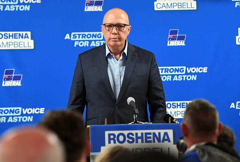 Federal opposition leader Peter Dutton seen during a Liberal Party by-election function at Knox Italian Community Club in Melbourne, Saturday, April 1, 2023