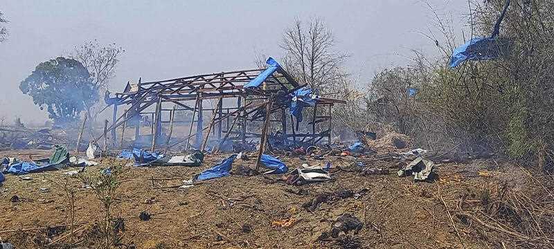 This photo provided by the Kyunhla Activists Group shows aftermath of an airstrike in Pazigyi village in Sagaing Region's Kanbalu Township, Myanmar, Tuesday, April 11, 2023