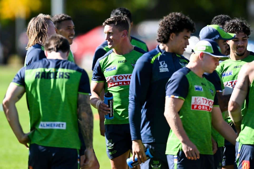 Jack Wighton of the Raiders speaks to team mates during Canberra Raiders NRL training at Raiders Centre, in Canberra, Thursday, April 27, 2023