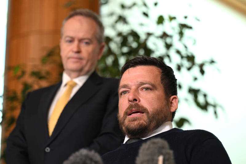 National Disability Insurance Agency (NDIA) chair Kurt Fearnley and Minister for Government Services Bill Shorten at a press conference at Parliament House, in Canberra, Monday, September 26, 2022