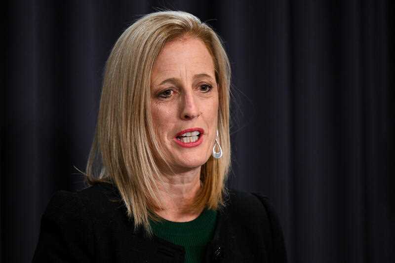 Australian Finance Minister Katy Gallagher speaks to the media during a press conference at Parliament House in Canberra, Friday, May 5, 2023
