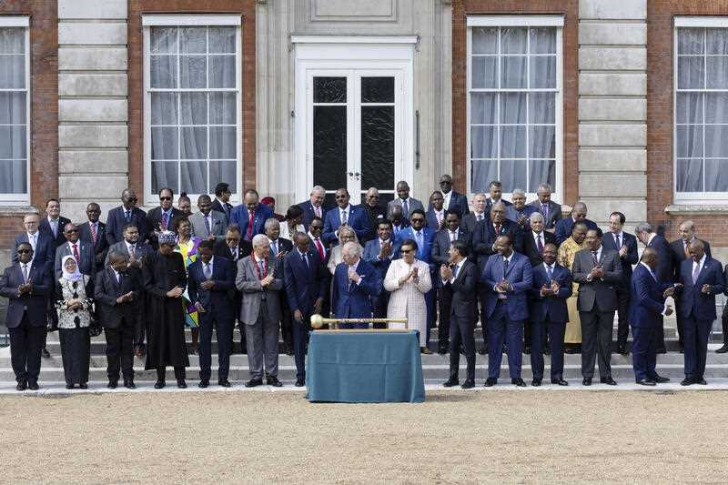 Britain's King Charles III and British Prime Minister Rishi Sunak pose for a group photo with Commonwealth Leaders at Marlborough House in London, Friday, May 5, 2023.