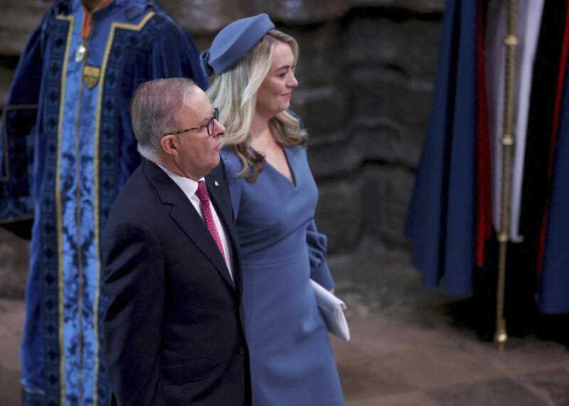 Australian Prime Minister Anthony Albanese, left, arrives for Britain's King Charles III and Queen Consort Camilla's coronation ceremony, at Westminster Abbey, in London, Saturday, May 6, 2023.