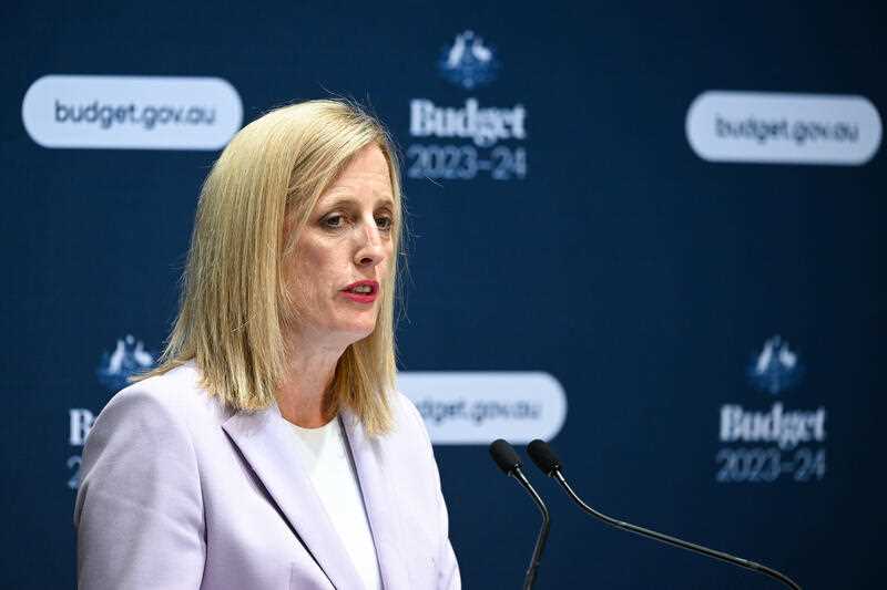 Australian Finance Minister Katy Gallagher speaks at a press conference inside the Budget lockup at Parliament House in Canberra, Tuesday, May 9, 2023