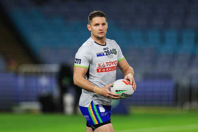 Jarrod Croker of the Raiders warms up ahead of the NRL Round 13 match