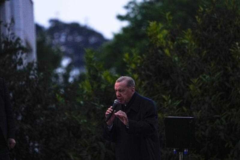 President Recep Tayyip Erdogan delivers a speech to supporters outside his residence in Istanbul, Turkey, Sunday, May 28, 2023.