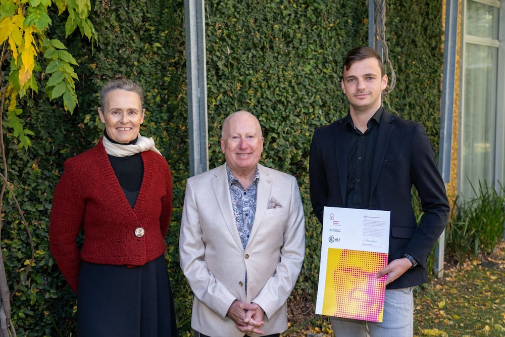Architecture student Andrew Parish (right) with ACT Government Architect Catherine Townsend and Mick Gentleman, ACT Minister for Planning and Land Management. Photo provided