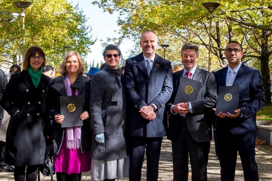 Maria Hawke, Kathy Ragless, Sue Gore-Phillips, Chief Minister Andrew Barr, Peter Cursley, and Graeme Brown. Photo: ACT Government