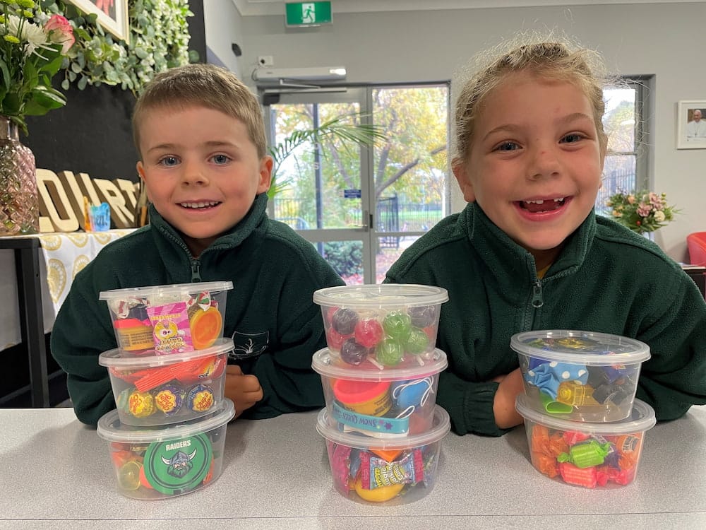 St Anthony's kindergarten students Lachlan Eastick and Elsie McMahon