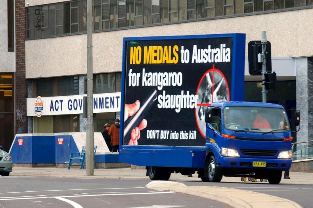 A truck carrying anti kangaroo killing slogans drives around London Circuit in Canberra during the memorial service staged by animal liberationists in July 2004