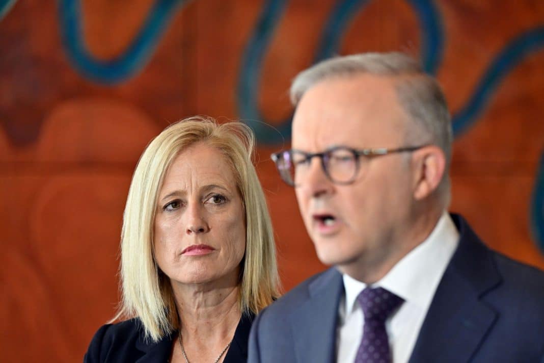 Minister for Finance Katy Gallagher and Prime Minister Anthony Albanese speak to the media after attending a reception to celebrate the implementation of 10 days paid family and domestic violence leave at Parliament House in Canberra, Tuesday, January 31, 2023.