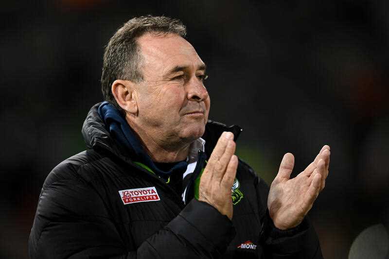 Raiders coach Ricky Stuart reacts ahead of the NRL Round 11 match between the Canberra Raiders and the Parramatta Eels at GIO Stadium in Canberra, Saturday, May 13, 2023