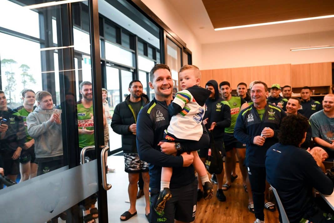 Jarrod Croker of the Raiders carries his son Rory as he arrives for a Canberra Raiders NRL press conference at Raiders Centre, in Canberra, Monday, June 5, 2023