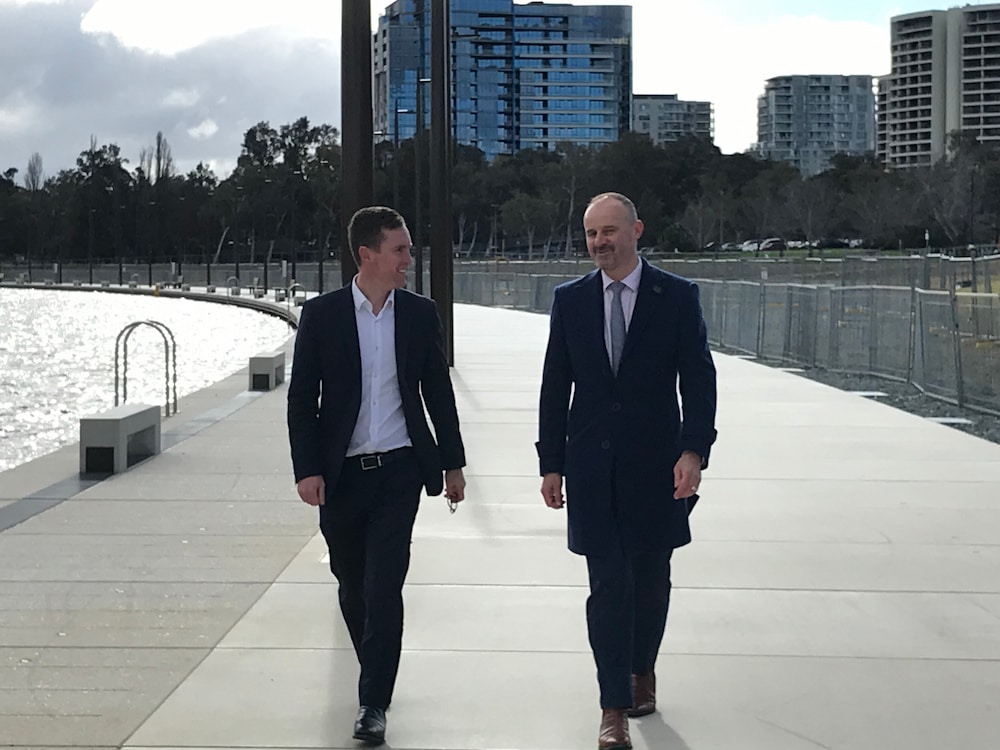 Chris Steel, ACT Minister for Transport and City Services, and Chief Minister Andrew Barr at Acton Waterfront. Photo: Nicholas Fuller
