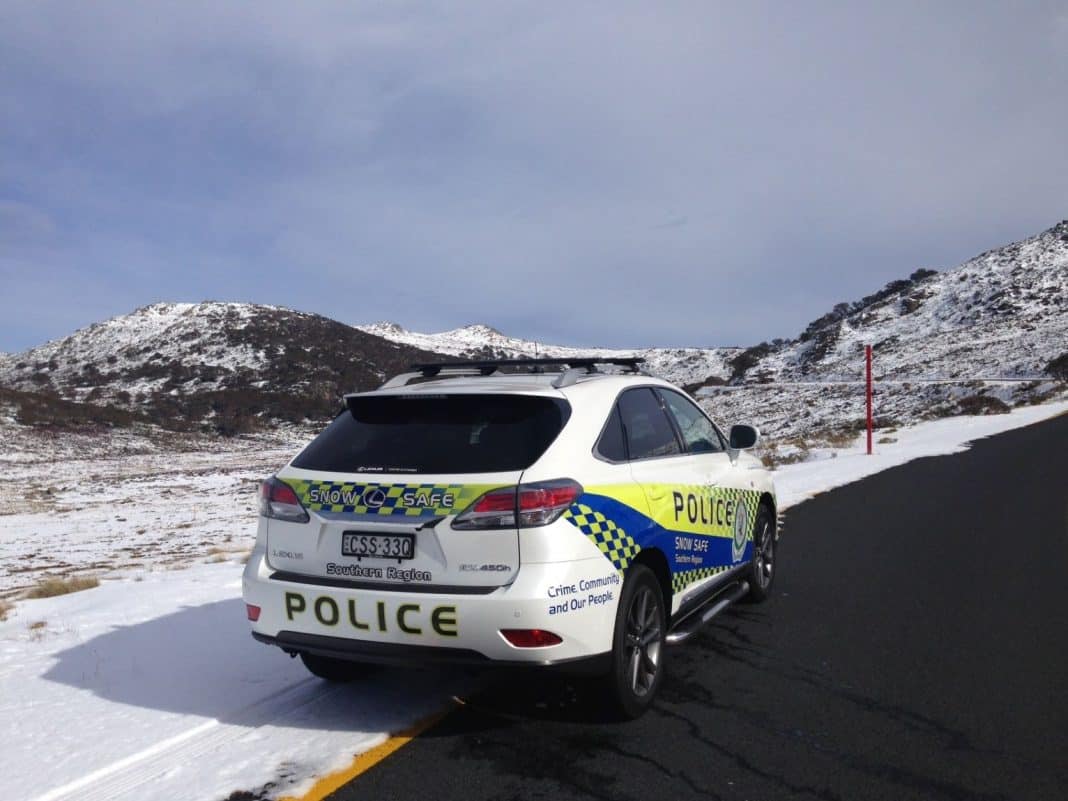 NSW Police SUV in Snow Safe livery seen parked roadside in the NSW Snowy Mountains