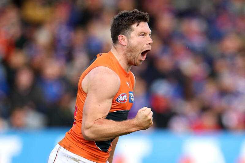 Toby Greene of the Giants celebrates a goal during the AFL Round 20 match between the Western Bulldogs and the GWS Giants
