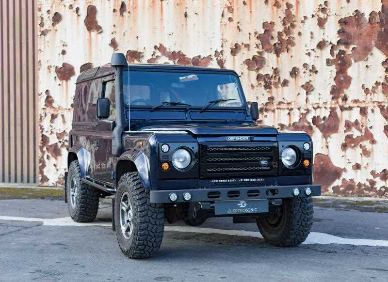A classic Land Rover Defender vehicle that was converted to electric by Electrogenic