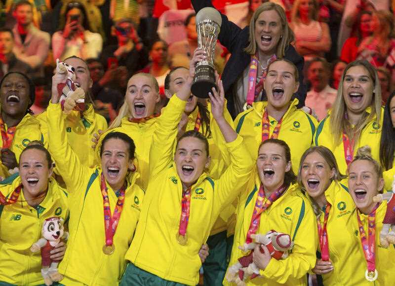 Australia team celebrates beating England to win the Netball World Cup held in Cape Town, South Africa, Sunday, Aug. 6, 2023