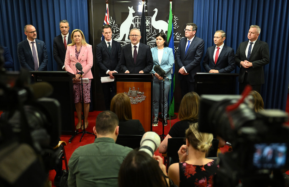 The National Cabinet meeting in Brisbane. Chief Minister Andrew Barr at left, Prime Minister Anthony Albanese in centre. (AAP Image/Darren England)