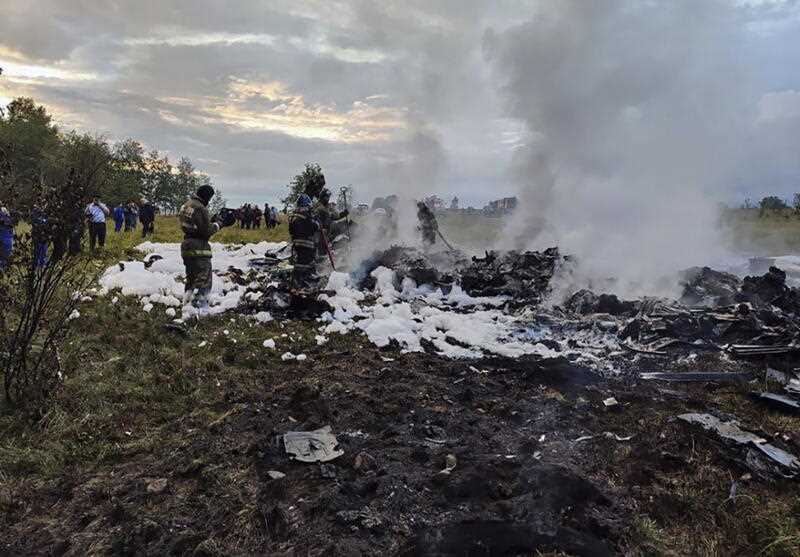 Russian emergency service work on the site of the plane crash near the village of Kuzhenkino, Tver region, Russia, 23 August 2023