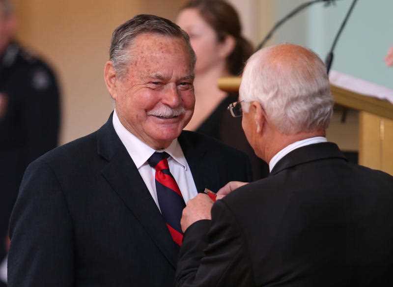 Ex Melbourne AFL legend Ron Barassi receives his bravery award for confronting an offender, who had assaulted a woman in Fitzroy in 2009, which resulted in Mr Barassi also being assaulted, in Melbourne, Monday, Nov. 22, 2013