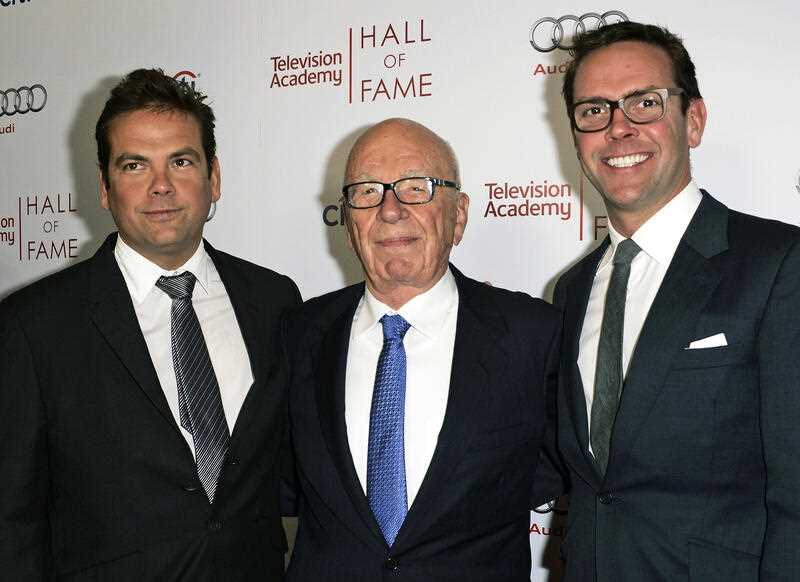 ews Corp. Executive Chairman Rupert Murdoch, center, and his sons, Lachlan, left, and James Murdoch