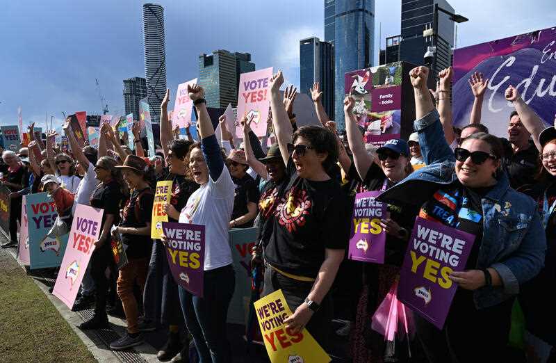 Yes23 supporters are seen at the Yes campaign launch in Brisbane, Wednesday, August 30, 2023