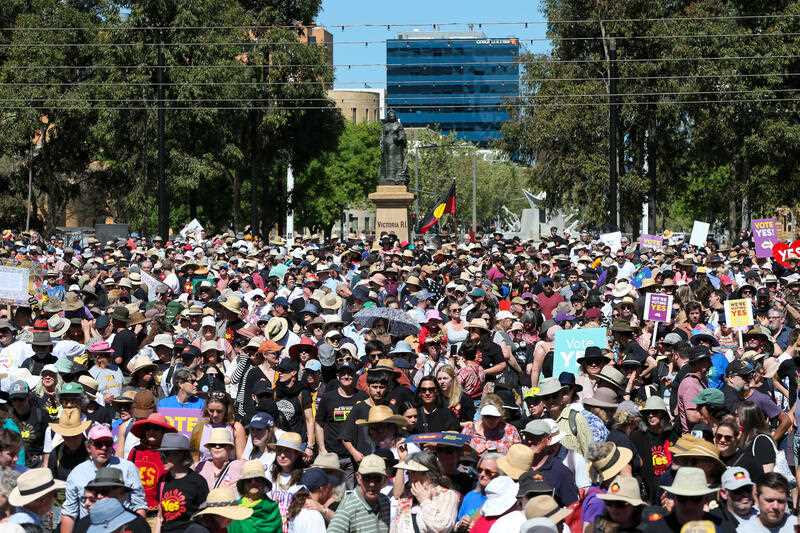 Crowds during a walk for the Yes vote event at Victoria Square in Adelaide, Saturday, September 16, 2023.