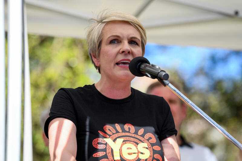 Minister for the Environment and Water Tanya Plibersek speaks during a walk for the Yes vote event in Sydney, Sunday, September 17, 2023. (AAP Image/Steve Markham)