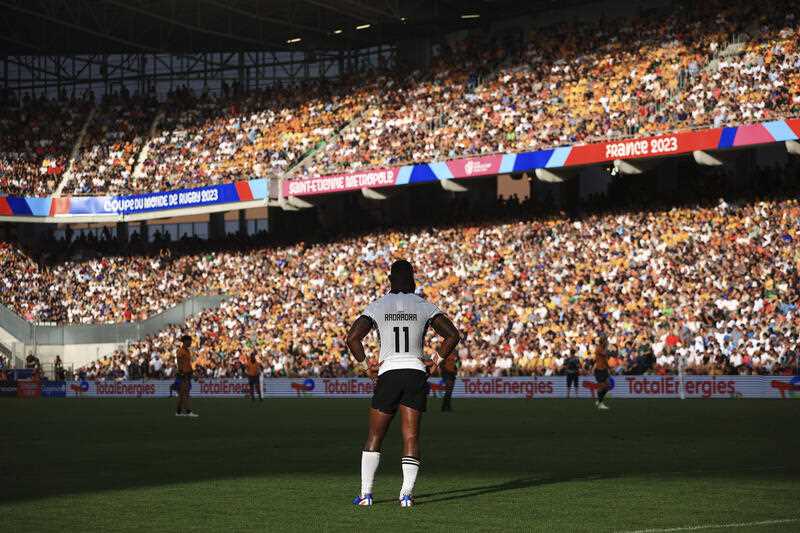 Fiji's Semi Radradra stands on the pitch during the Rugby World Cup Pool C match between Australia and Fiji at the Stade Geoffroy Guichard in Saint-Etienne, France, Sunday, Sept. 17, 2023.