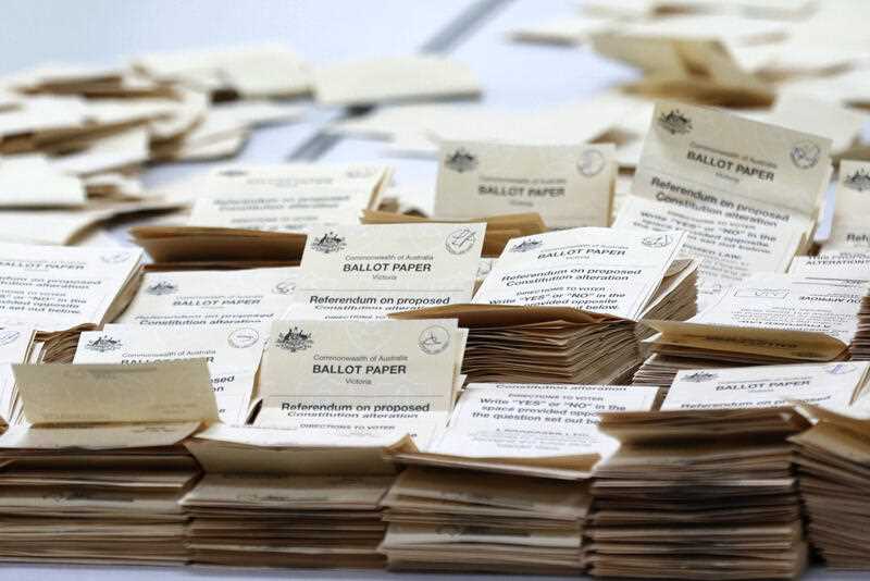 Ballot papers are seen at a counting centre in Melbourne, Saturday, October 14, 2023.