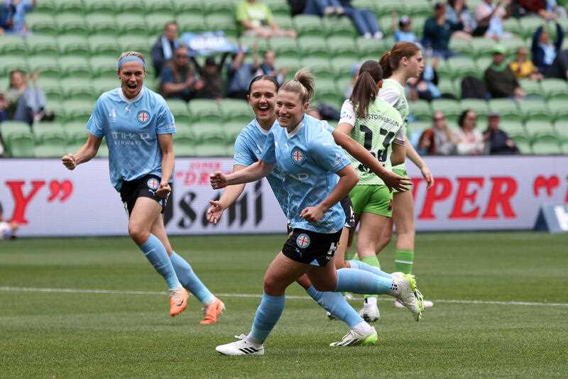 Rhianna Pollicina of Melbourne City players celebrate a goal scored via a penalty kick during the A-League Women Round 2 soccer match between Melbourne City and Canberra United at AAMI Park in Melbourne, Saturday, October 21, 2023